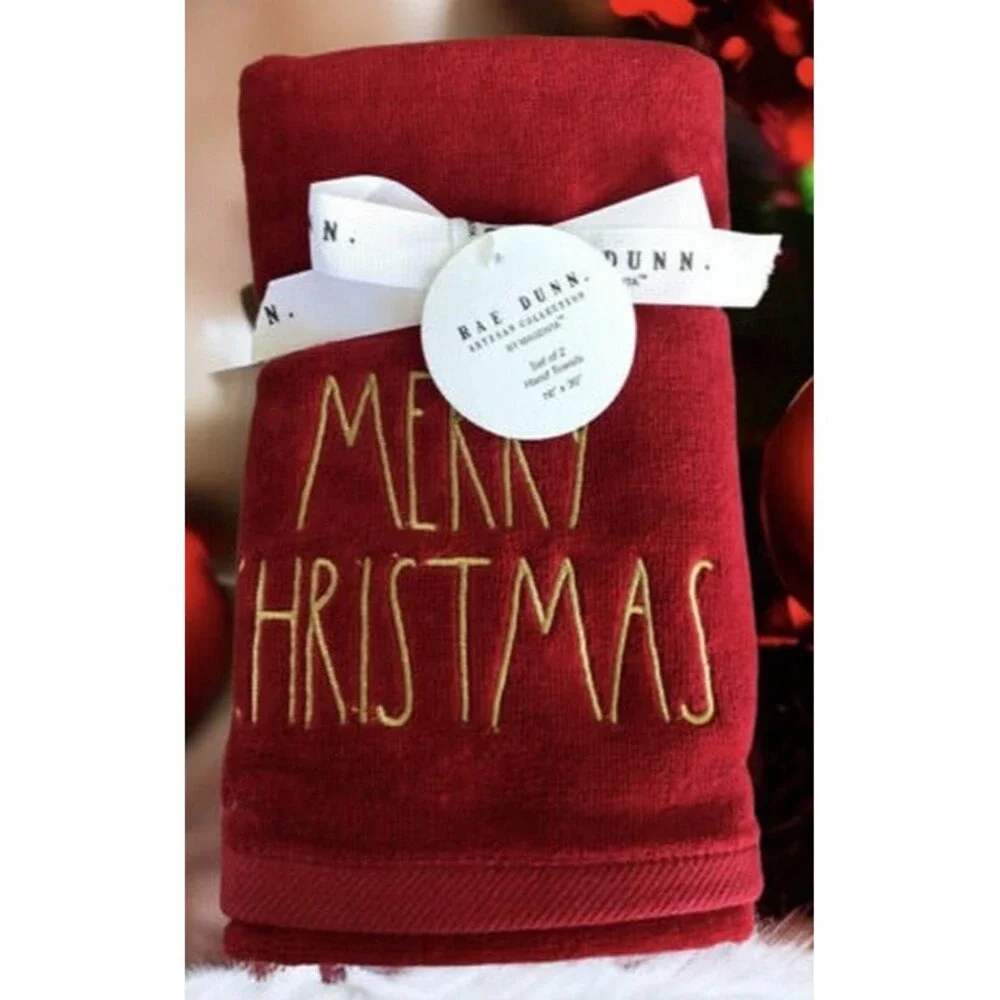 Rae Dunn Merry Christmas Hand Towels Red Gold Guest Bath Embroidered Set of 2